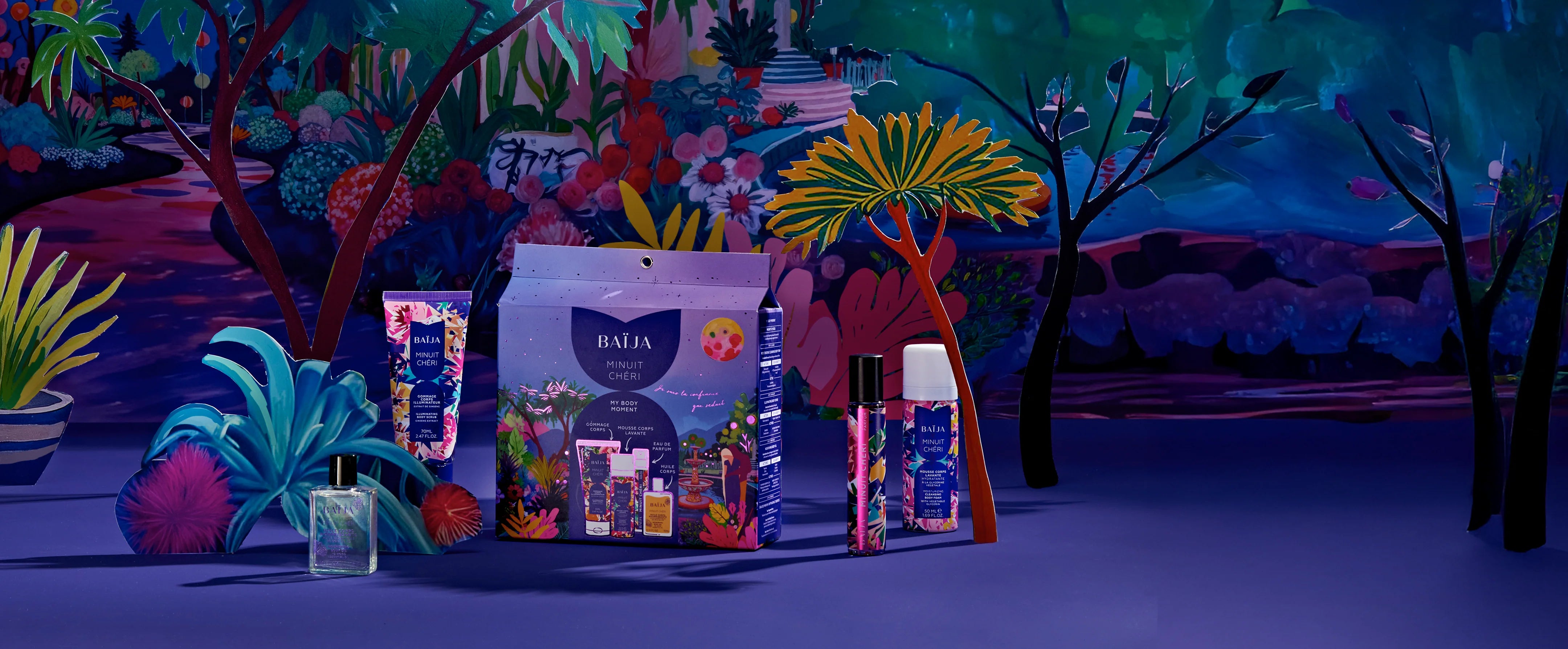 Coffret soin corps Baija avec textures creme et emballage pastel sur fond blanc