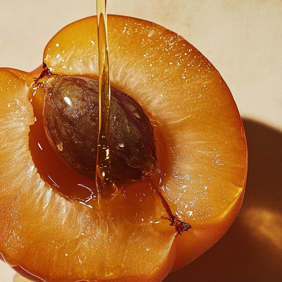 Gros plan d’un demi-abricot éclatant traversé par un filet d’huile dorée, sur fond chaud et lumineux.