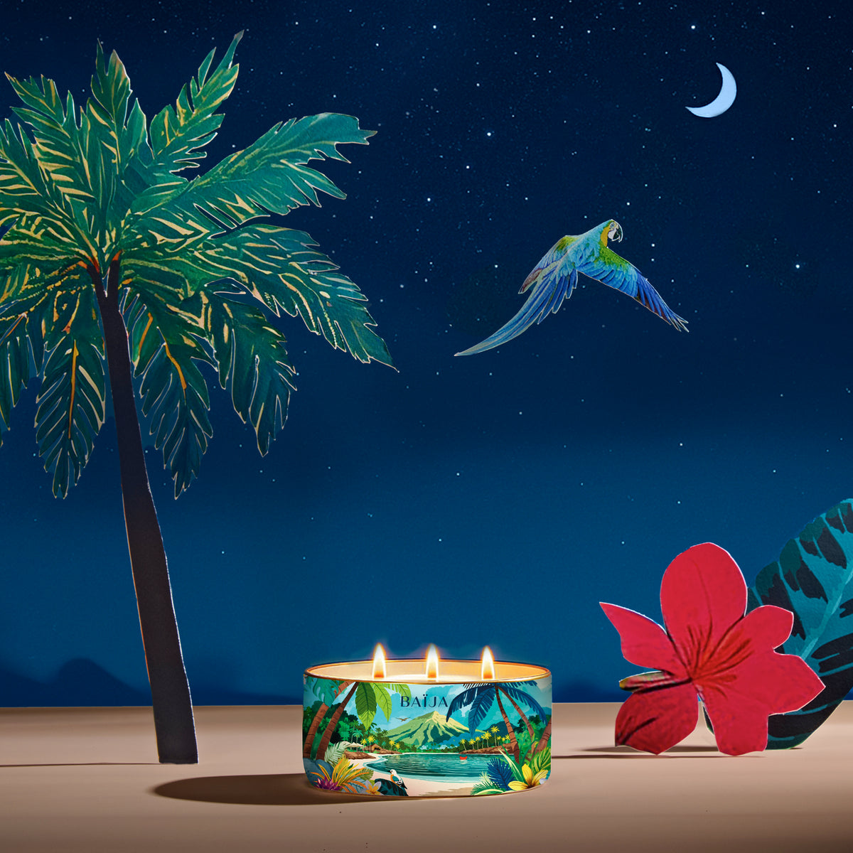Bougie XL moana allumée dans un décor nocturne.