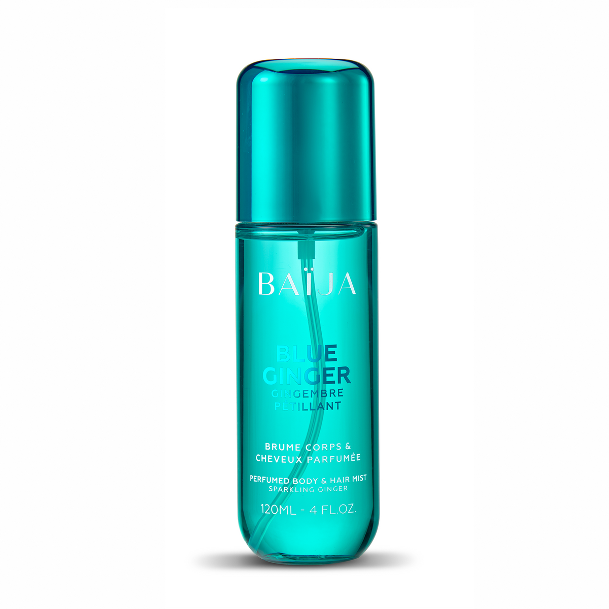 Packshot de la brume Baïja Blue Ginger, flacon bleu lagon transparent avec capot brillant, 120 ml.