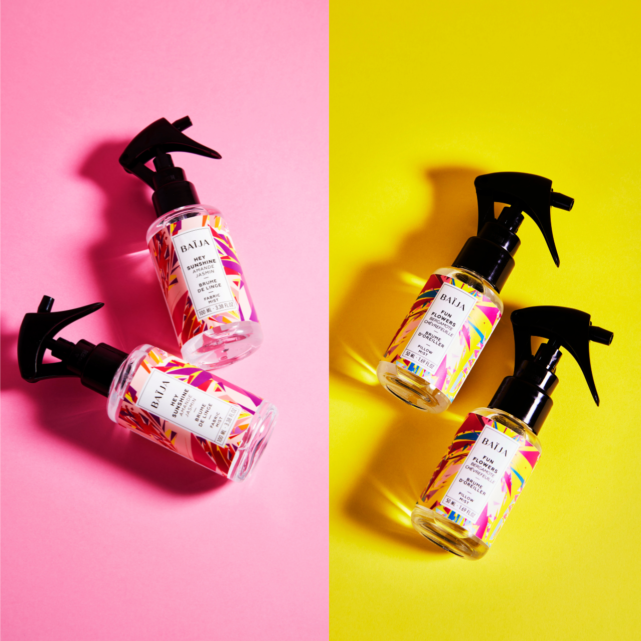 ce duo de brume de linge 100ml Hey Sunshine senteur Amande Jasmin & brume d'oreiller 50ml aux huiles essentielles Fun Flowers senteur Bergamote Chèvrefeuille.<br data-mce-fragment="1"><br data-mce-fragment="1">Les huiles essentielles de Mandarine, Verveine Exotique et de Lavandin contenues dans la brume d'oreiller Fun Flowers favorisent la détente, le lâcher-prise et un sommeil réparateur.