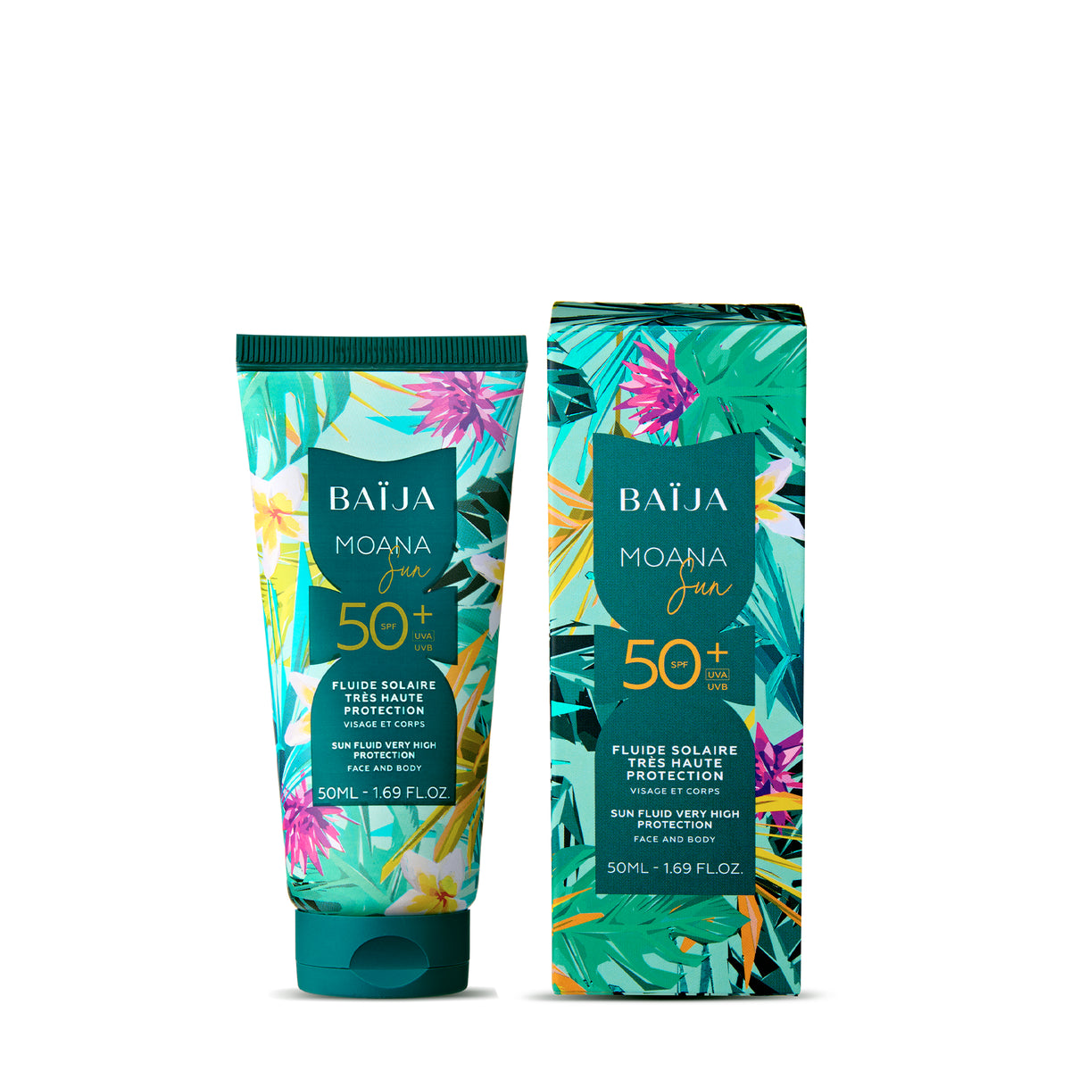 Photo “packshot” sur fond blanc : tube Baïja Moana Sun SPF 50+ et boîte assortie (motif tropical multicolore). Les deux éléments sont droits, cadrage centré, style e-commerce.
