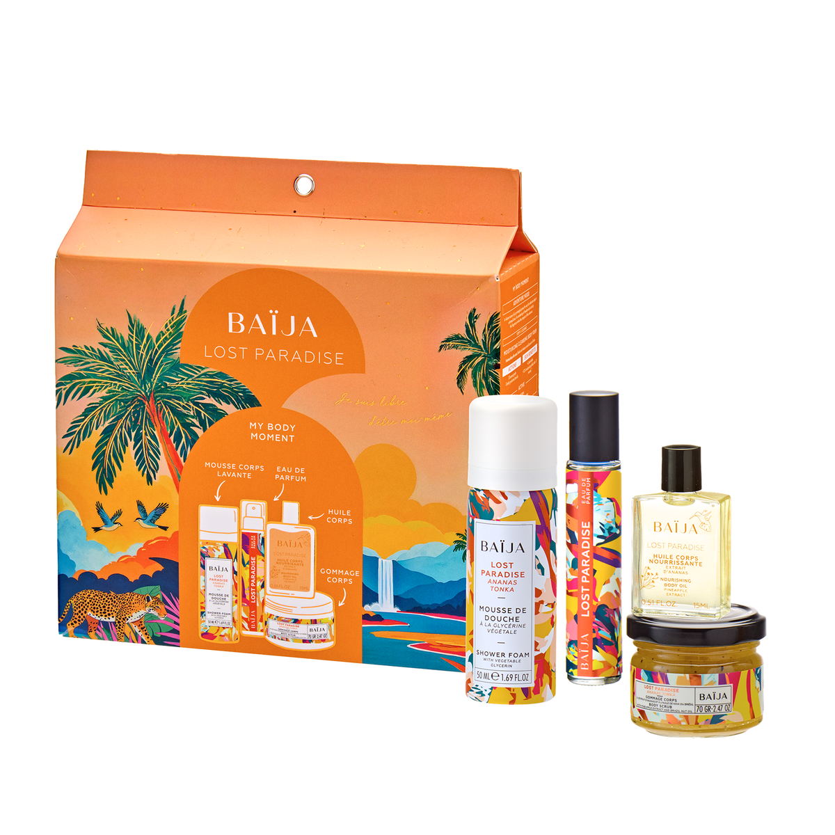 Coffret My Body Moment lost paradise contenant: une huile corps, une mini mousse de douche, une eau de parfum et un mini gommage.