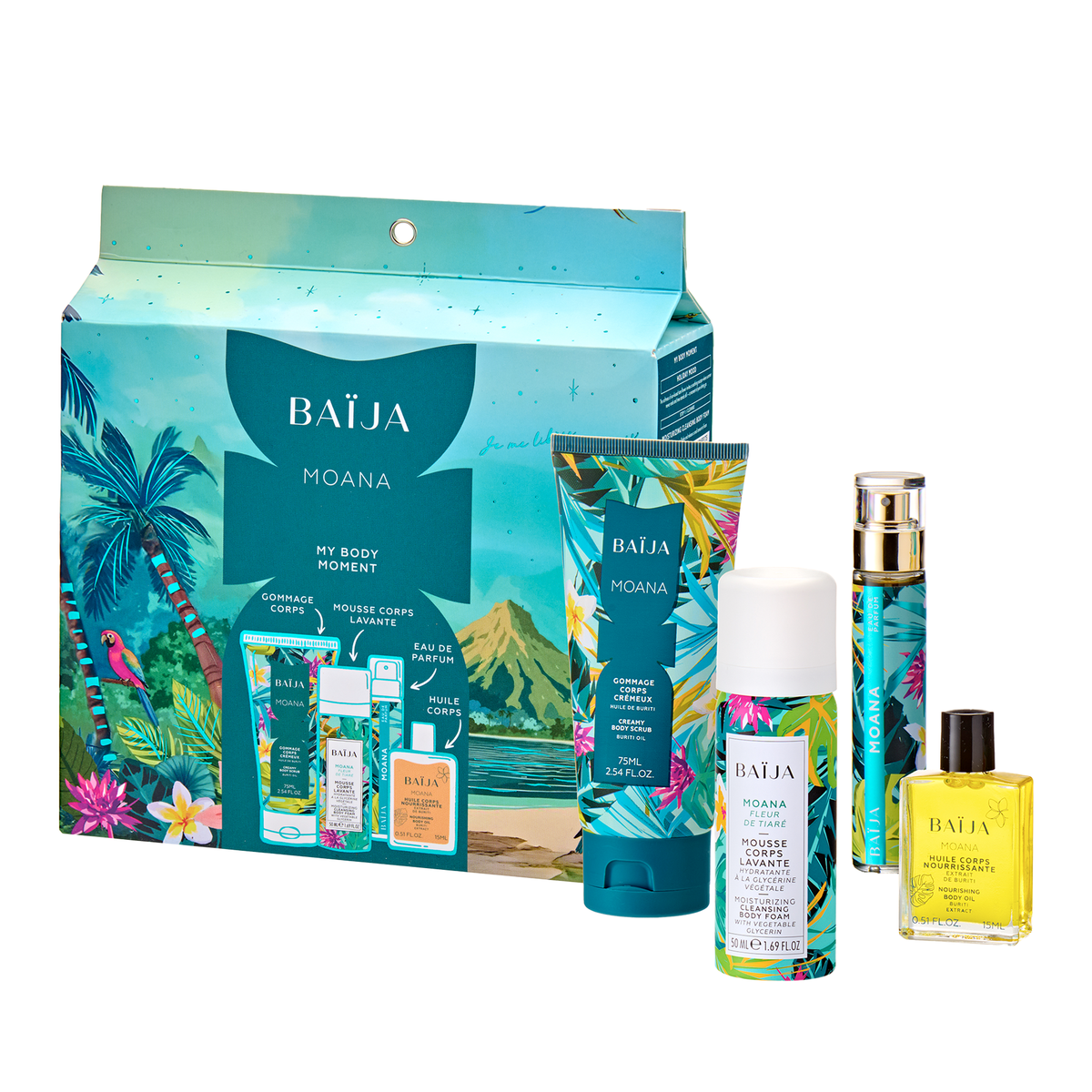 Coffret My Body Moment moana contenant: une huile corps, une mini mousse de douche, une eau de parfum et un mini gommage.