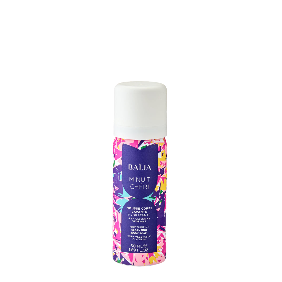 Mousse corps lavante hydratante Baïja Minuit Chéri 50 ml à la glycérine végétale, flacon coloré sur fond blanc, pour une peau nettoyée en douceur.
