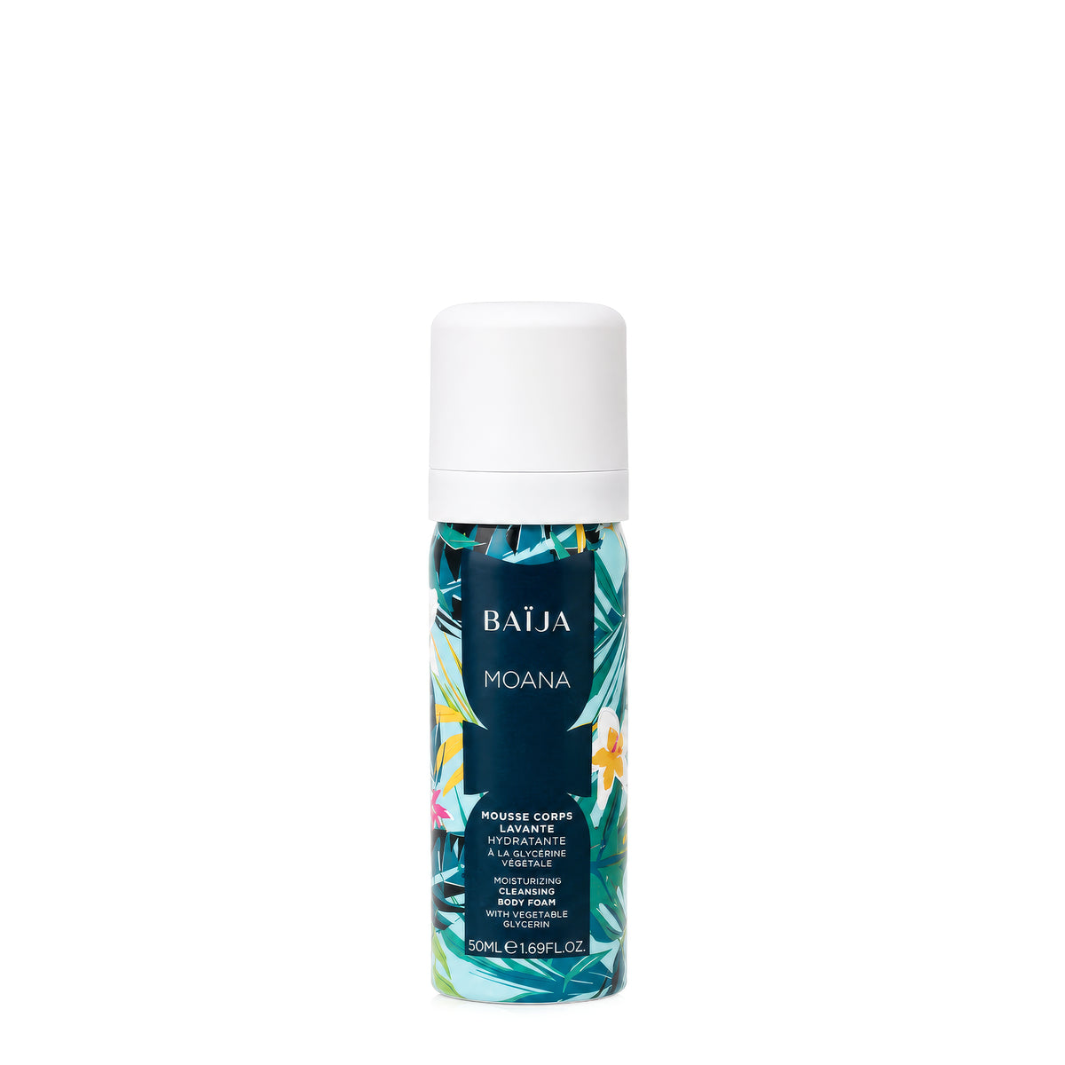 Mousse corps lavante hydratante Baïja Moana 50 ml à la glycérine végétale, flacon au décor tropical sur fond blanc, pour nettoyer la peau en douceur.