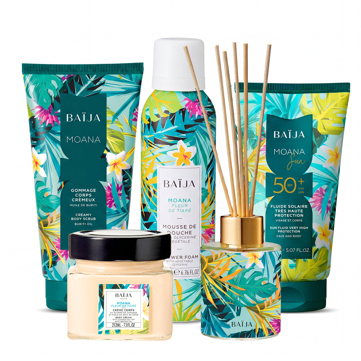 Rituel Baïja Moana réunissant gommage corps, mousse de douche, crème corps, fluide solaire SPF50+, diffuseur de parfum et trousse de toilette.