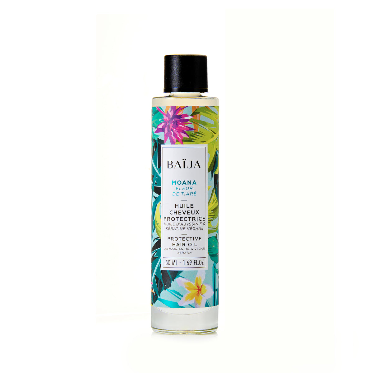 Huile protectrice cheveux Baïja Moana à la fleur de tiaré, flacon transparent enrichi en huile d’abyssinie et kératine végane pour cheveux nourris et brillants