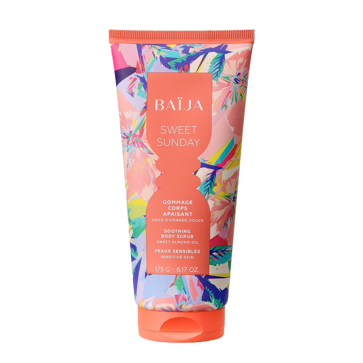 Packshot du gommage corps Sweet Sunday Baïja, soin exfoliant apaisant à l’huile d’amande douce.