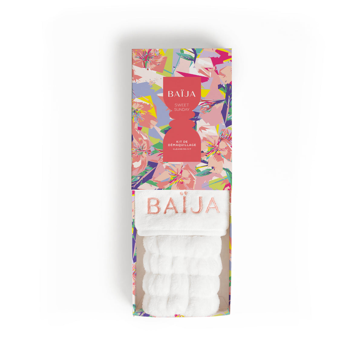 Coffret démaquillage Baïja Sweet Sunday comprenant un bandeau visage et des manchettes blanches réutilisables pour la routine beauté