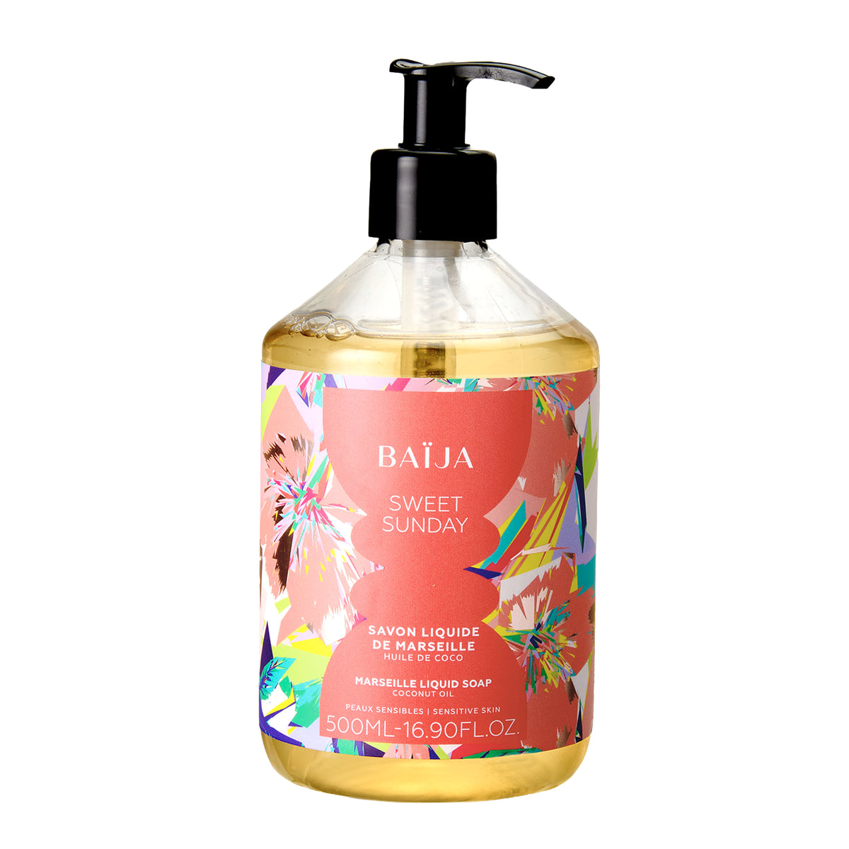 Packshot du savon liquide de Marseille Sweet Sunday Baïja, formule nettoyante à l’huile de coco pour peaux sensibles.
