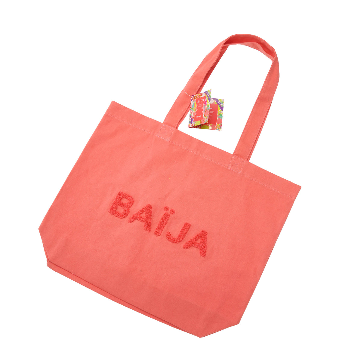 Sac cabas Baïja Sweet Sunday rose corail avec logo bouclette, anses épaules et étiquette de collection assortie