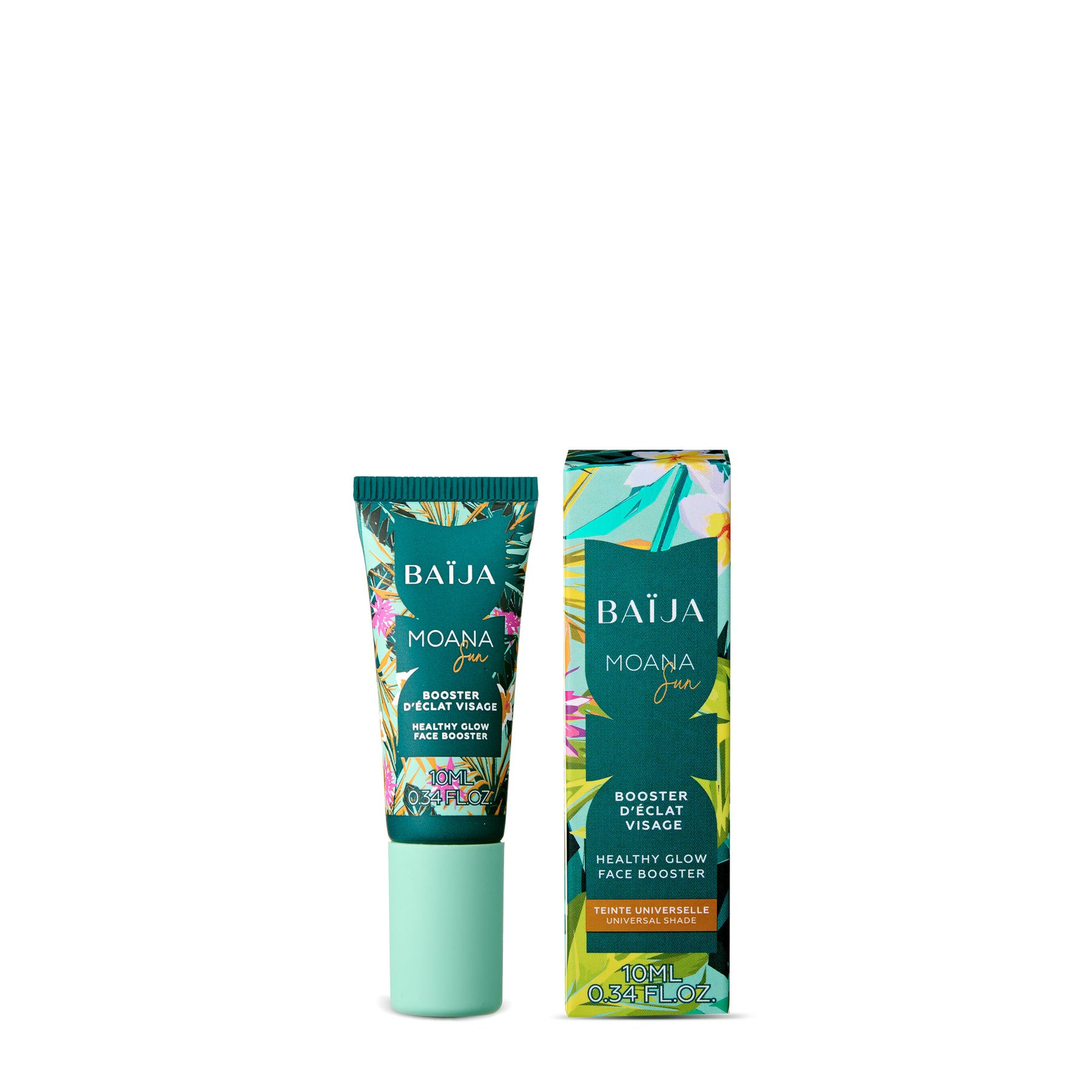 Packshot sur fond blanc avec beaucoup d’espace négatif : le tube “BAÏJA Moana Sun” et son étui carton sont placés en bas de l’image, debout côte à côte. Habillage tropical multicolore, capuchon vert menthe. Ombre douce au sol, style photo e-commerce.