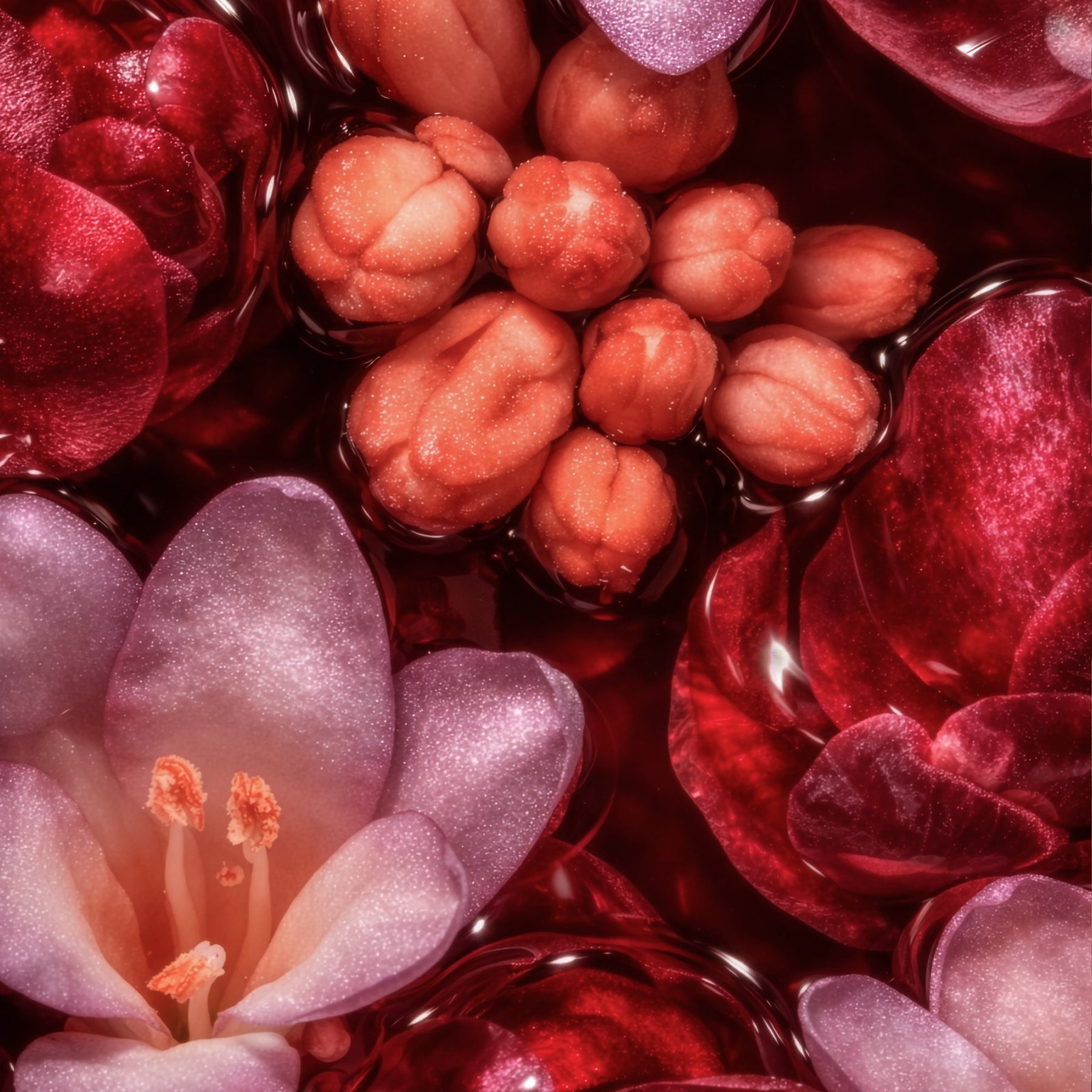 Gros plan abstrait de pétales rouges/violets et formes de fruits au centre, texture humide et brillante.