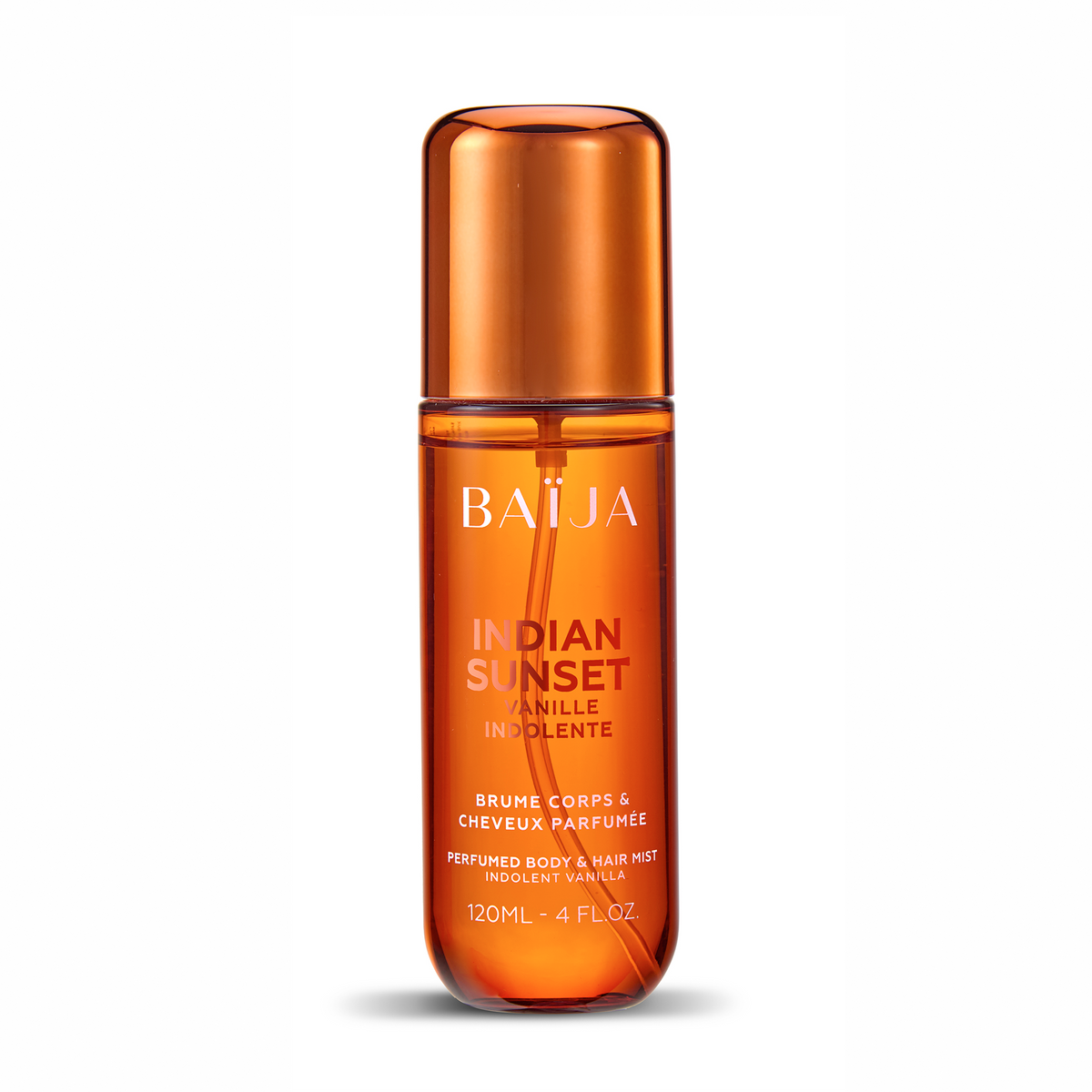 Packshot de la brume parfumée Baïja Indian Sunset, flacon orange ambré avec capot cuivré, 120 ml.
