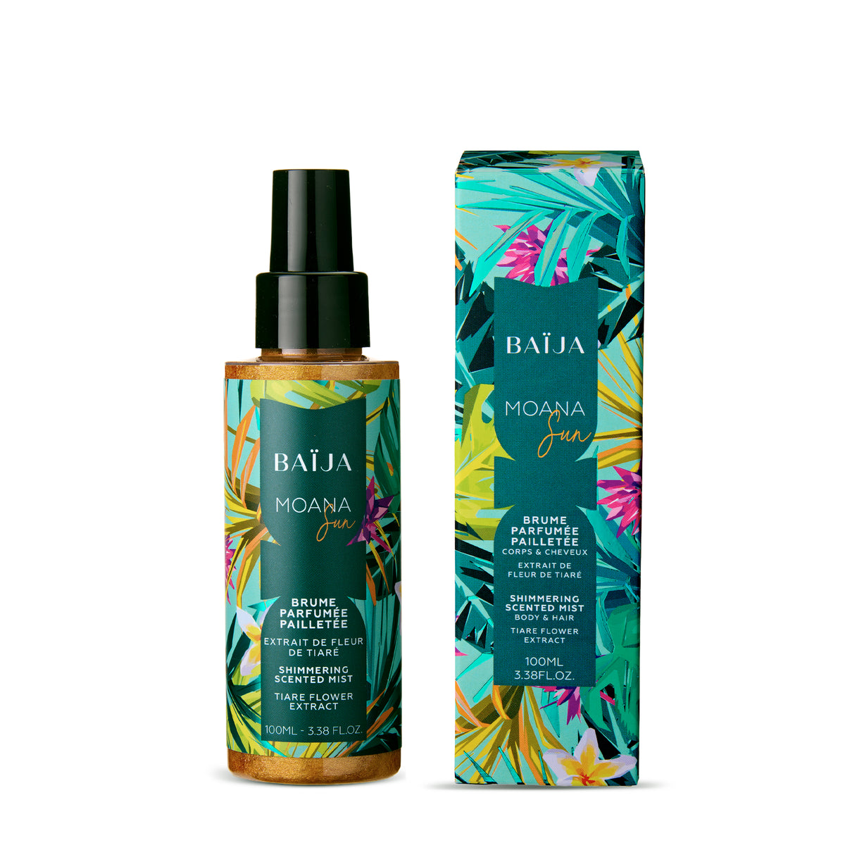 Packshot sur fond blanc : le flacon spray et la boîte sont présentés debout, côte à côte, bien centrés. Le flacon laisse voir un liquide doré pailleté au fond. Éclairage homogène, peu d’ombres, rendu “détourage e-commerce”.