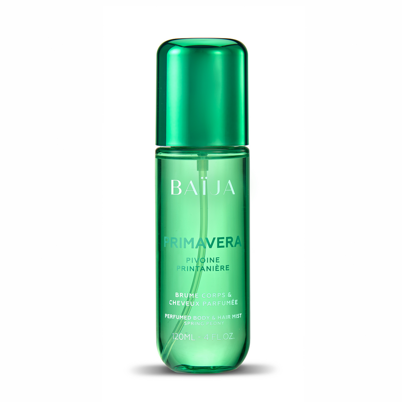 Packshot de la brume Baïja Primavera, flacon vert transparent avec capot vert brillant, 120 ml, fond blanc.
