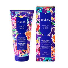 Crème corps velours BAÏJA Minuit Chéri, tube illustré multicolore avec étui assorti, soin corps adoucissant, fond blanc.