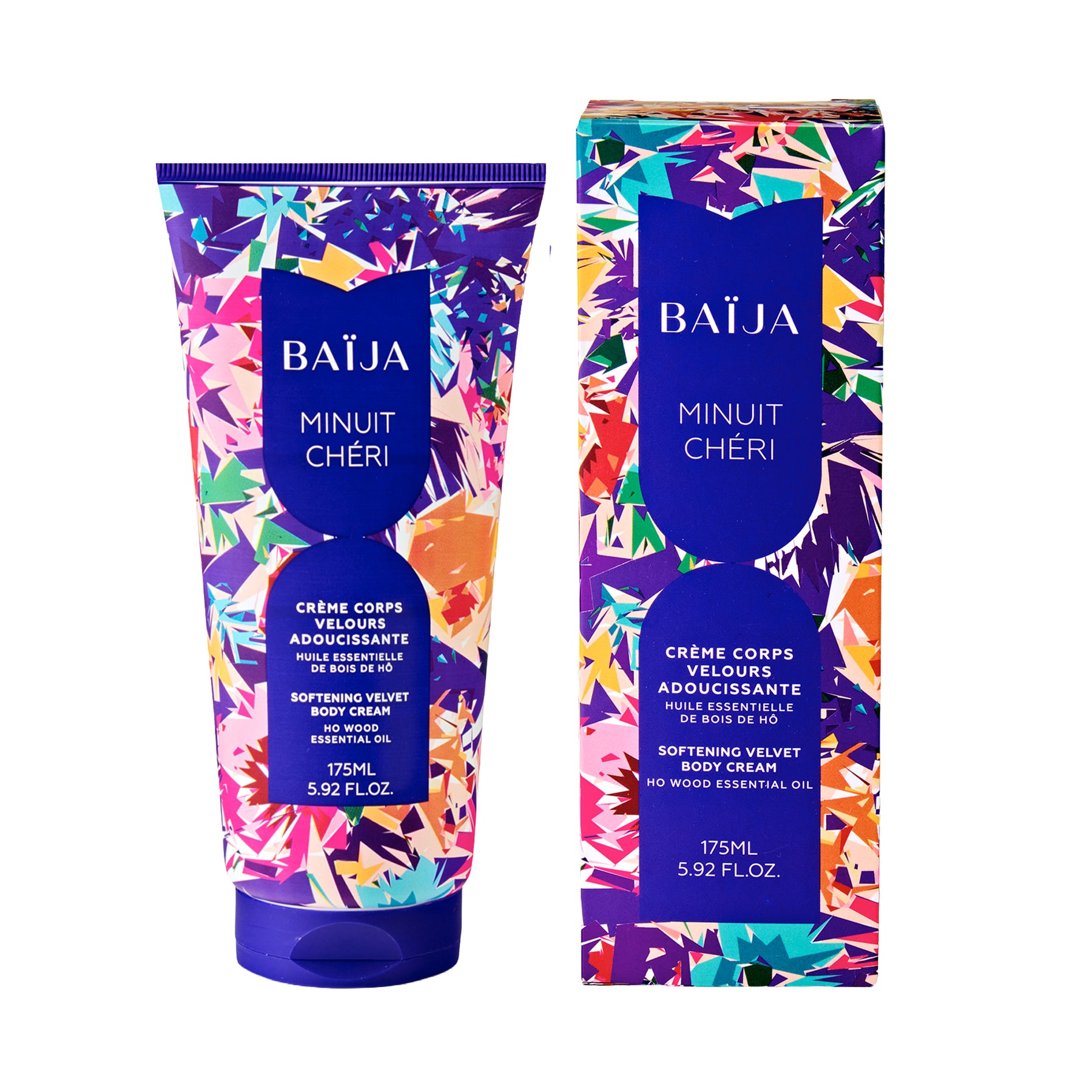 Crème corps velours BAÏJA Minuit Chéri, tube illustré multicolore avec étui assorti, soin corps adoucissant, fond blanc.