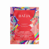 Échantillon de crème corps fouettée apaisante Sweet Sunday Baïja, sachet rose corail graphique et coloré, soin hydratant pour peaux sensibles à l’allantoïne
