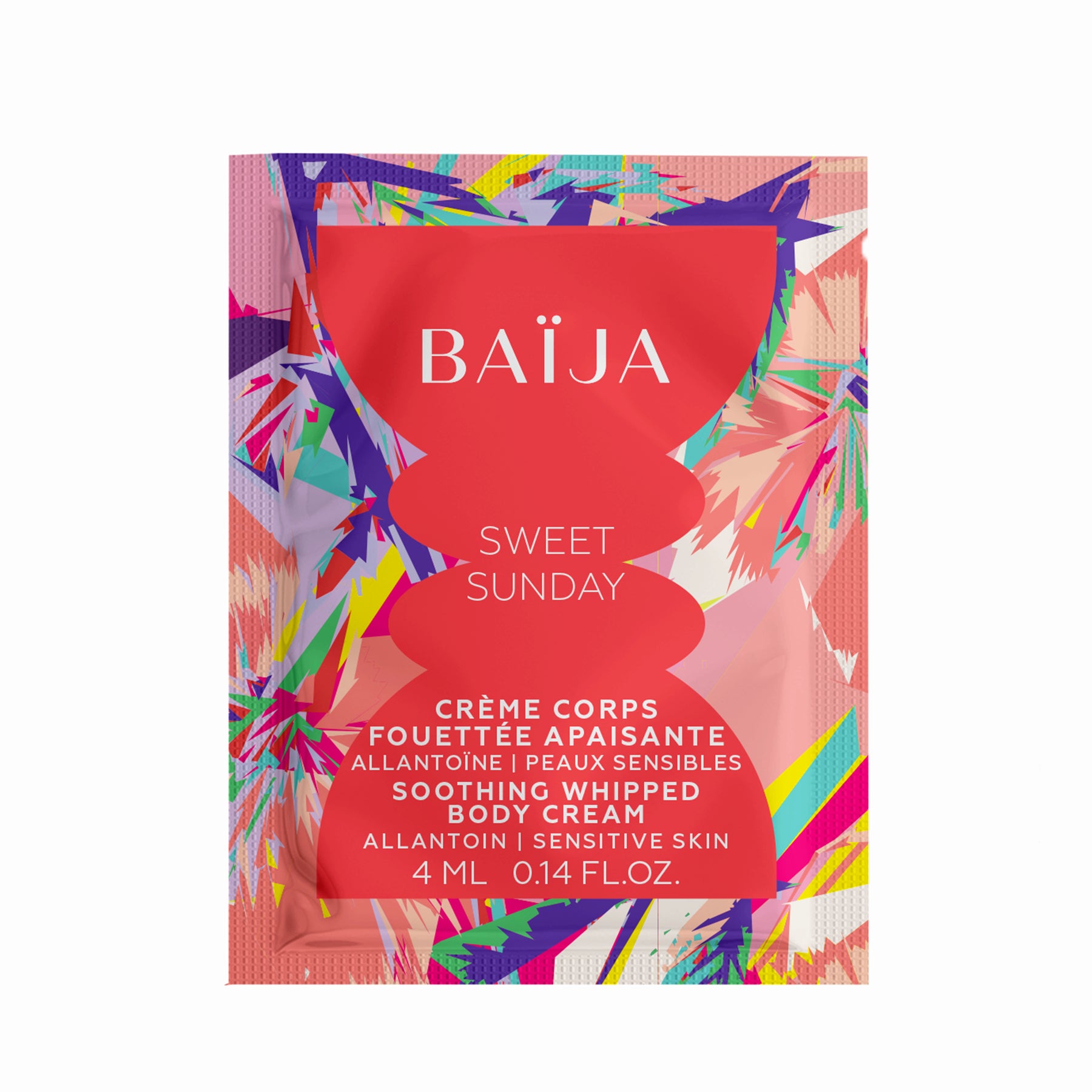 Échantillon de crème corps fouettée apaisante Sweet Sunday Baïja, sachet rose corail graphique et coloré, soin hydratant pour peaux sensibles à l’allantoïne