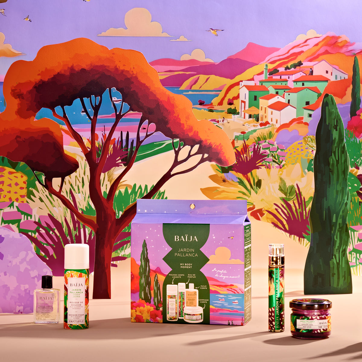 Coffret My Body Moment jardin pallanca contenant: une huile corps, une mini mousse de douche, une eau de parfum et un mini gommage. 