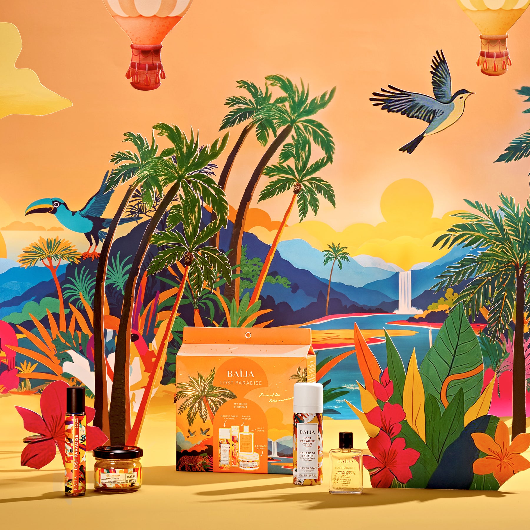 Coffret My Body Moment lost paradise contenant: une huile corps, une mini mousse de douche, une eau de parfum et un mini gommage. 