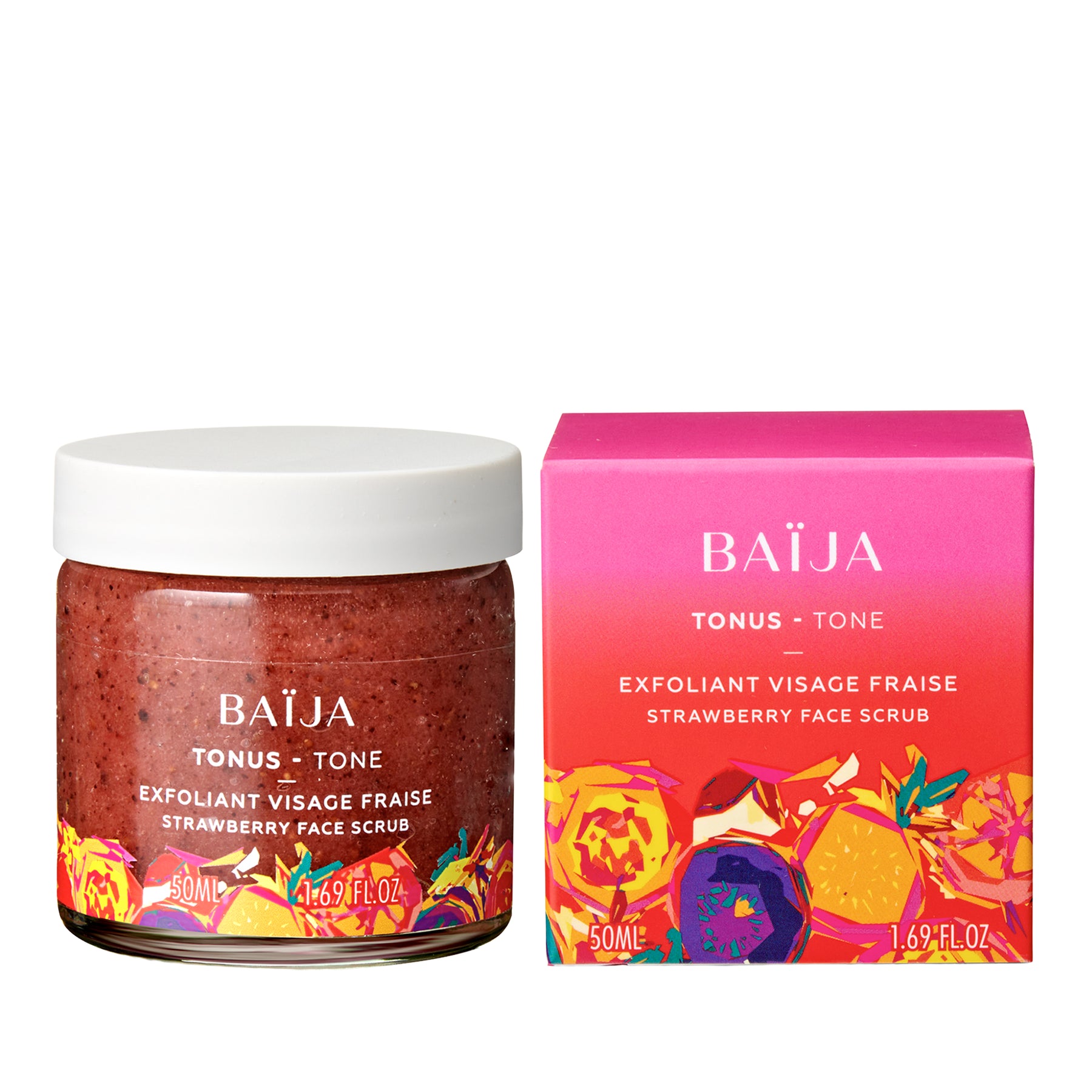 Pot de gommage visage BAÏJA Tonus “exfoliant visage fraise” (texture rouge granitée) avec sa boîte assortie rose et orange, photo sur fond blanc.