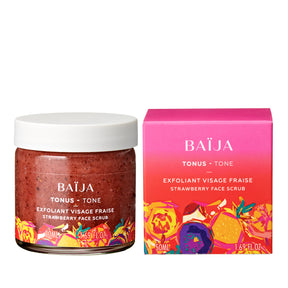 Pot de gommage visage BAÏJA Tonus “exfoliant visage fraise” (texture rouge granitée) avec sa boîte assortie rose et orange, photo sur fond blanc.