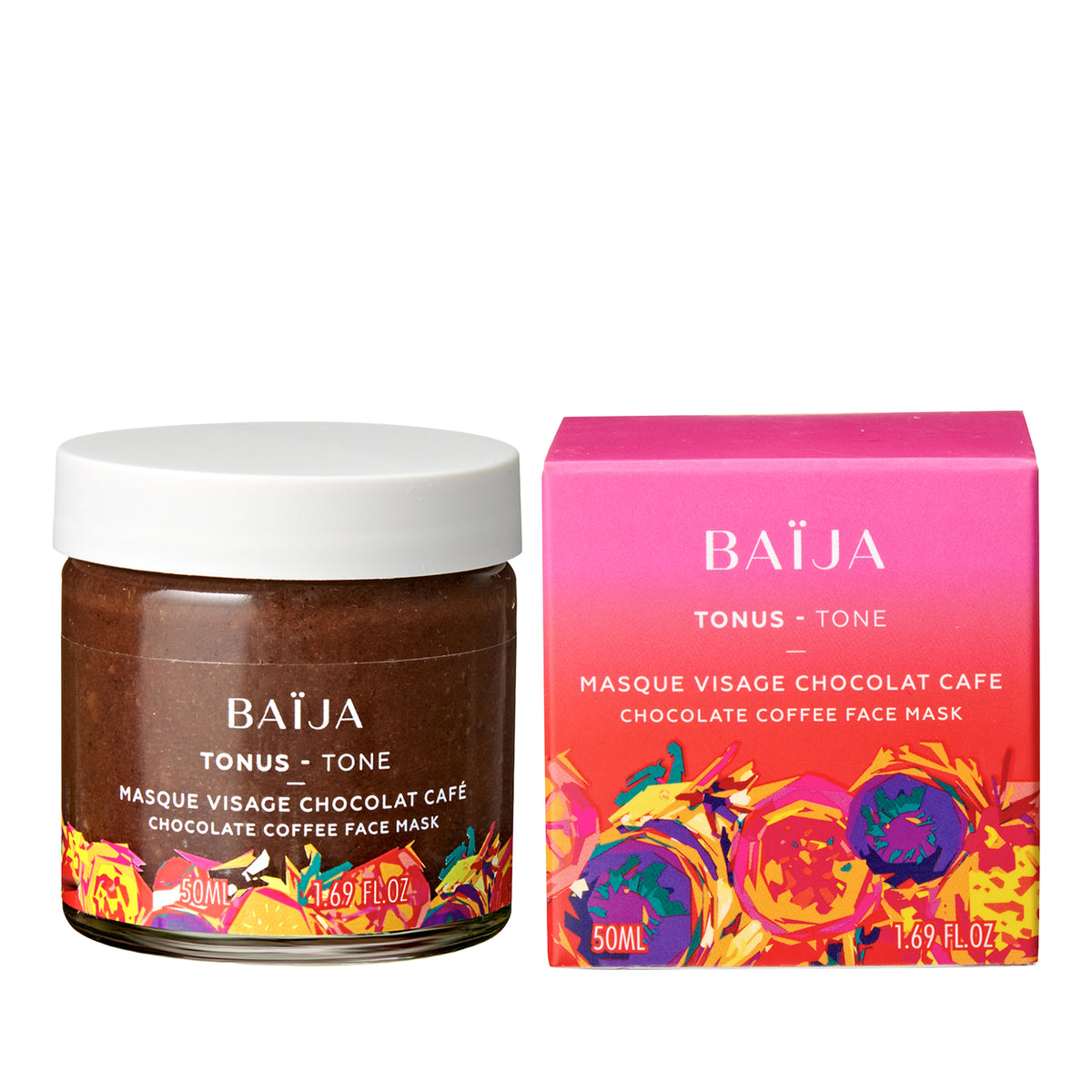 Pot de masque visage BAÏJA Tonus “chocolat café” (pâte brune) avec sa boîte assortie dégradée rose et motifs colorés, photo sur fond blanc.