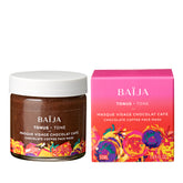 Pot de masque visage BAÏJA Tonus “chocolat café” (pâte brune) avec sa boîte assortie dégradée rose et motifs colorés, photo sur fond blanc.