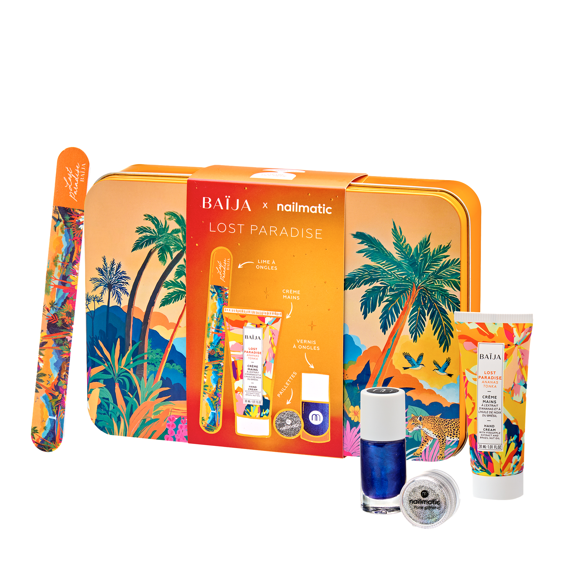 Coffret nail glitter party lost paradise contenant: une lime à ongles, une crème mains, un vernis bleu et des paillettes argentées. 