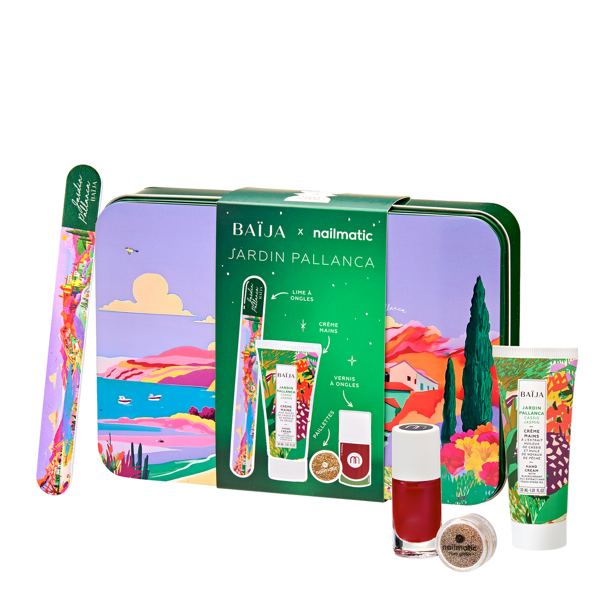 Coffret nail glitter party jardin pallanca contenant: une lime à ongles, une crème mains, un vernis rouge et des paillettes dorées. 