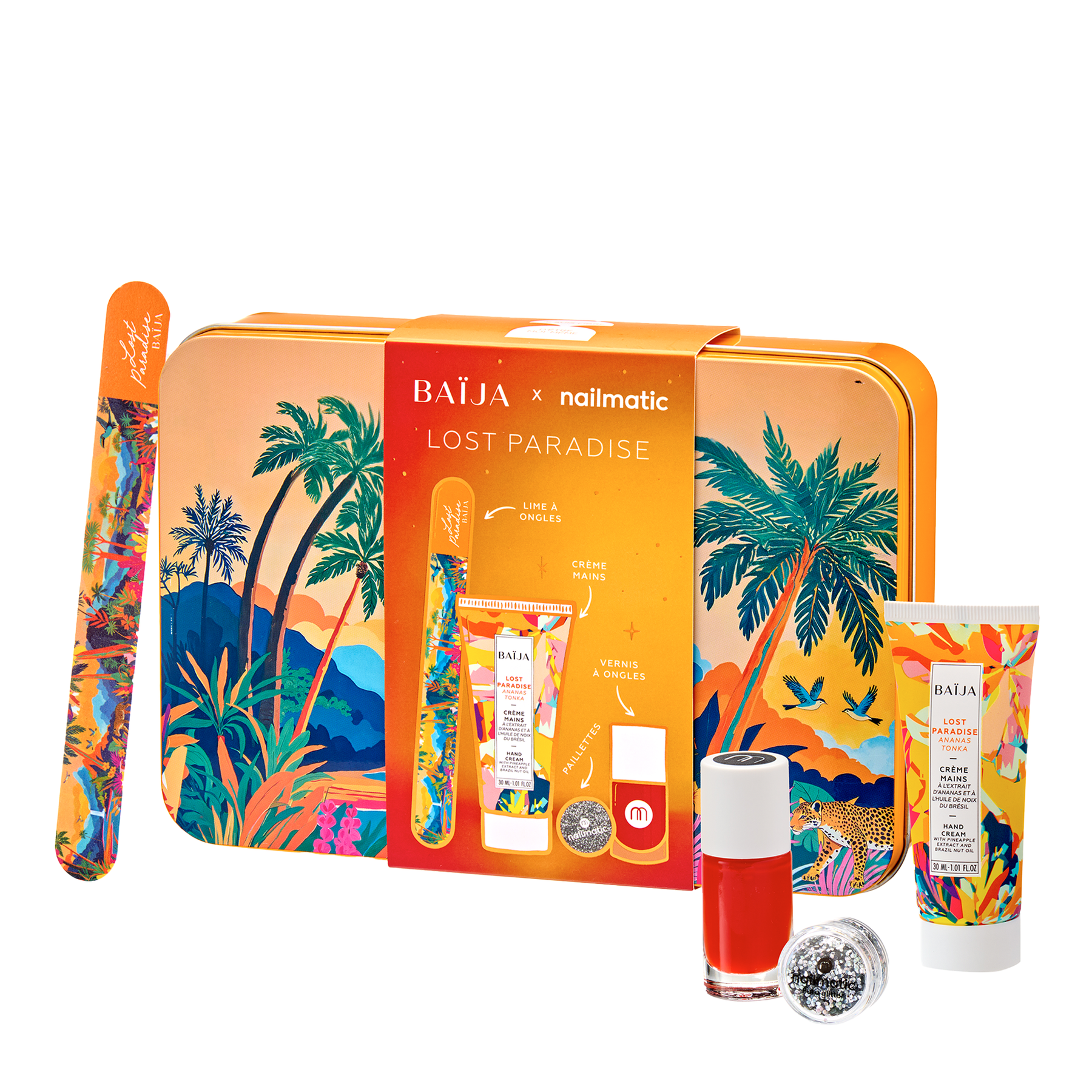 Coffret nail glitter party lost paradise contenant: une lime à ongles, une crème mains, un vernis rouge et des paillettes argentées. 
