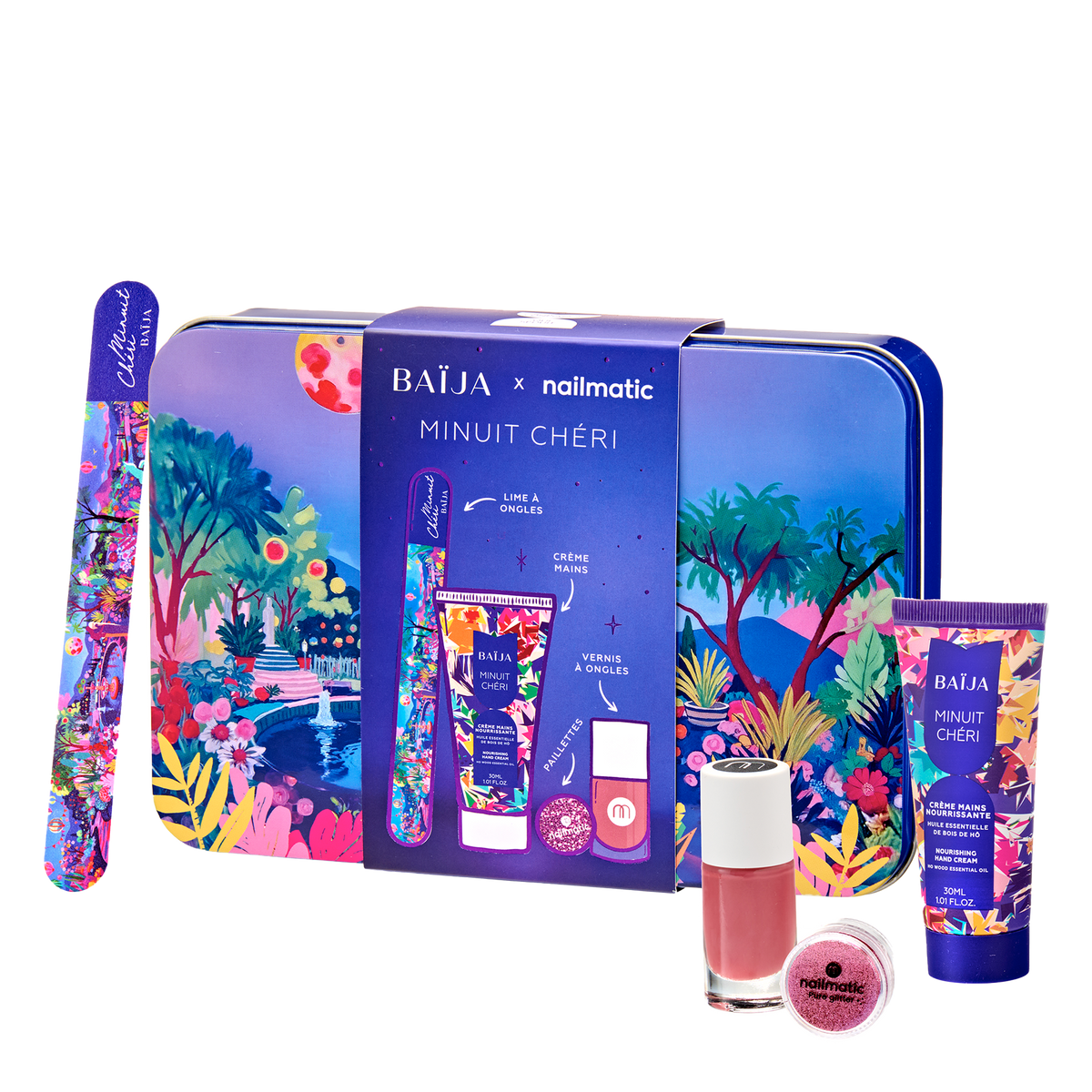 Coffret nail glitter party minuit chéri contenant: une lime à ongles, une crème mains, un vernis rose et des paillettes roses.