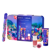 Coffret nail glitter party minuit chéri contenant: une lime à ongles, une crème mains, un vernis rose et des paillettes roses.