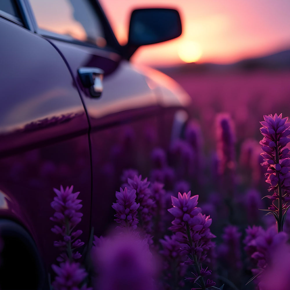 Voiture vintage bordant un champ de lavande au coucher du soleil, mood représentant la collection "nuit interdite". 
