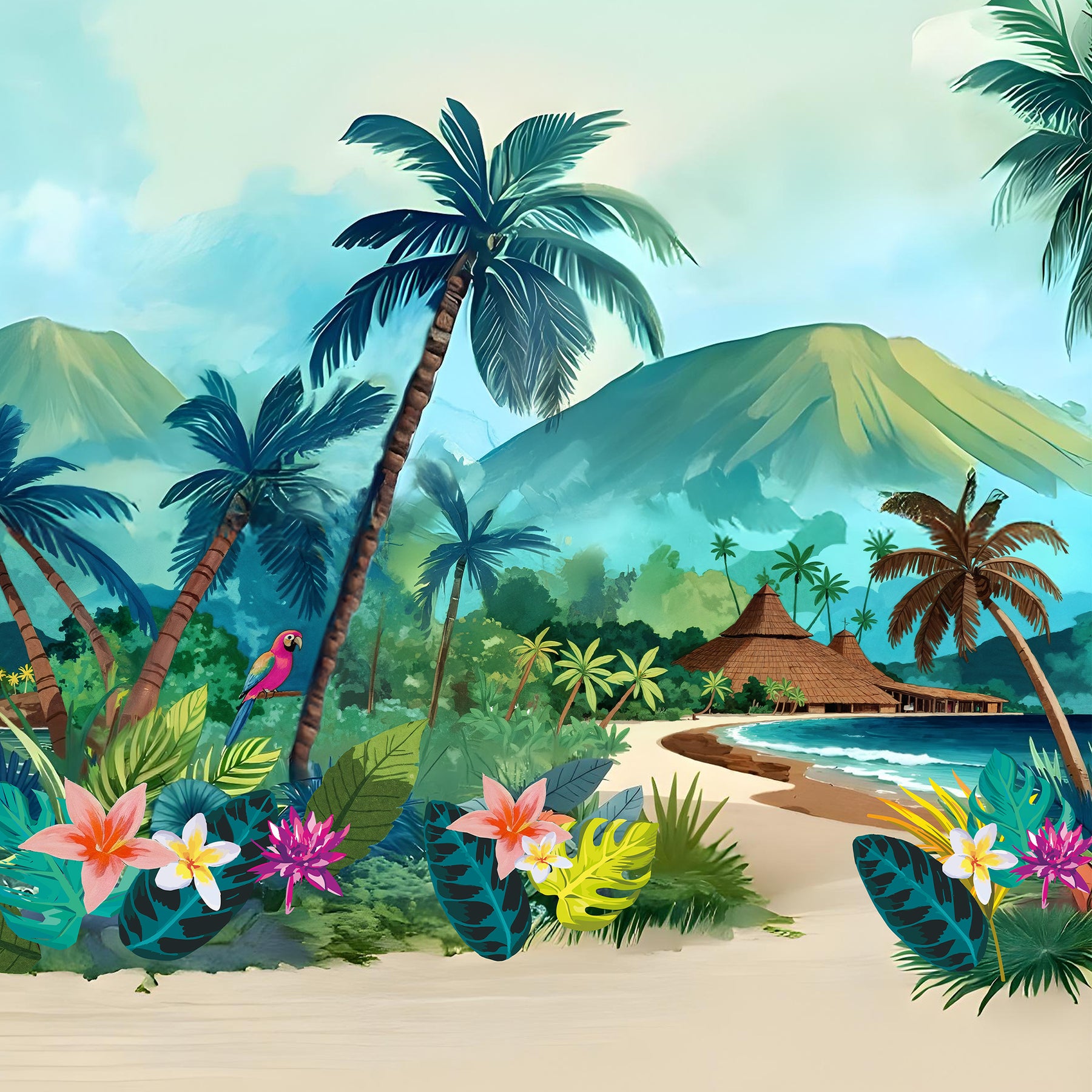 Plage tropicale bordée de palmiers, fleurs éclatantes, dans un décor exotique évoquant la collection noël moana. 