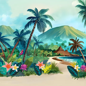Plage tropicale bordée de palmiers, fleurs éclatantes, dans un décor exotique évoquant la collection noël moana. 