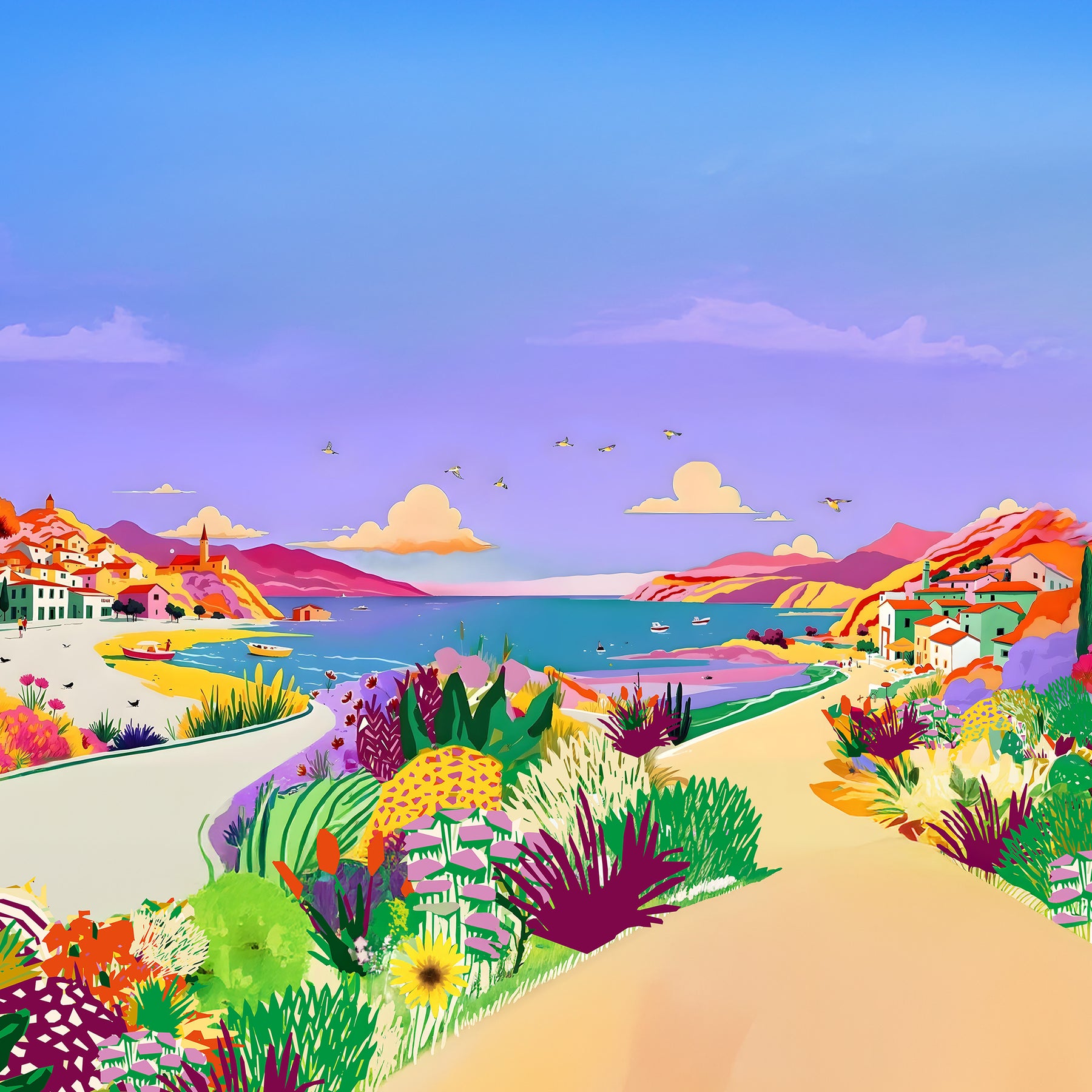 Paysage méditerranéen avec village coloré, mer bleu azur et flore lumineuse évoquant la collection noël jardin pallanca. 