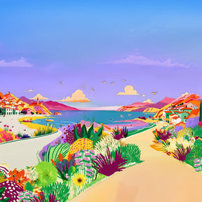 Paysage méditerranéen avec village coloré, mer bleu azur et flore lumineuse évoquant la collection noël jardin pallanca. 