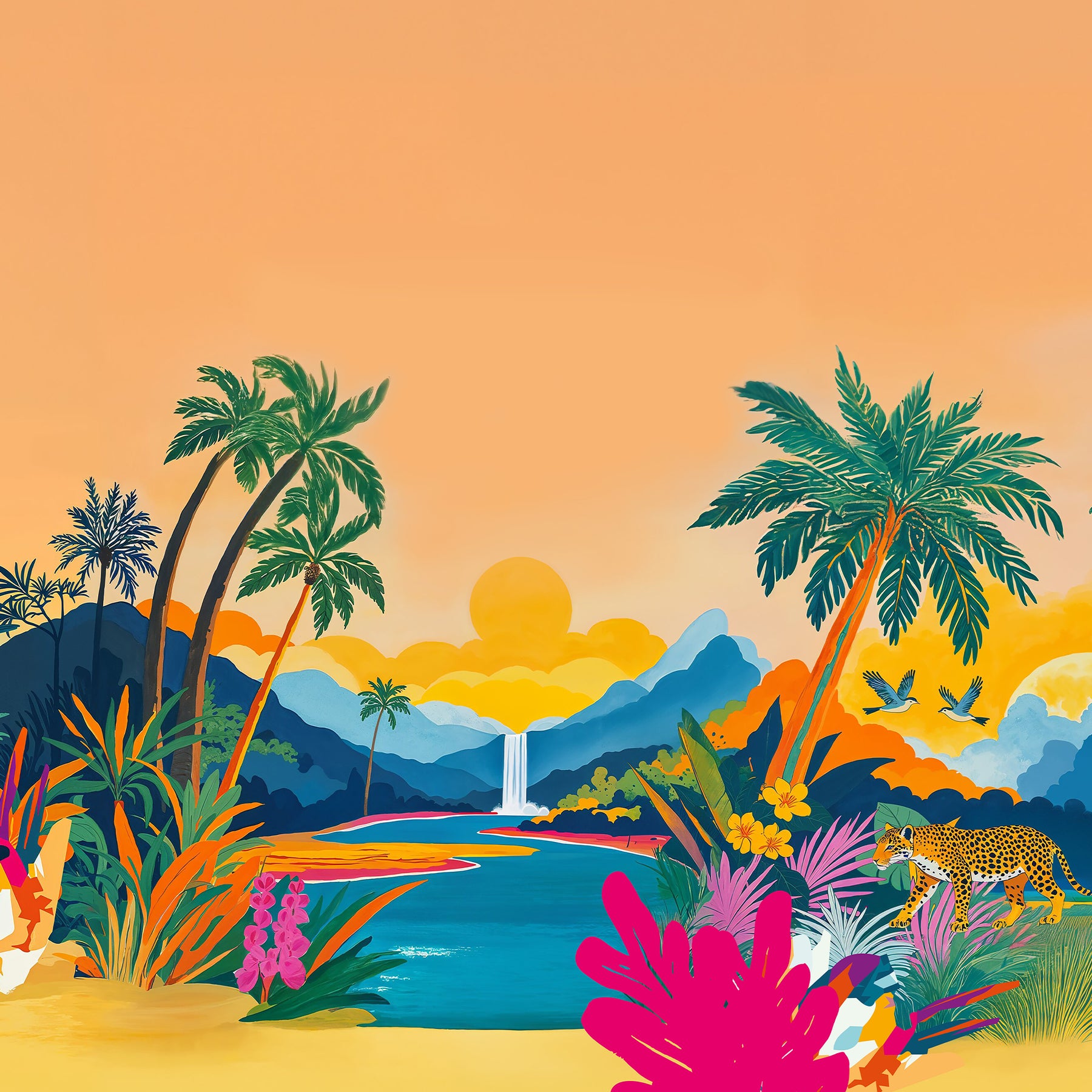 Paysage tropical avec palmiers, cascade et flore exotique dans des tons chauds, évoquant la collection noël lost paradise. 