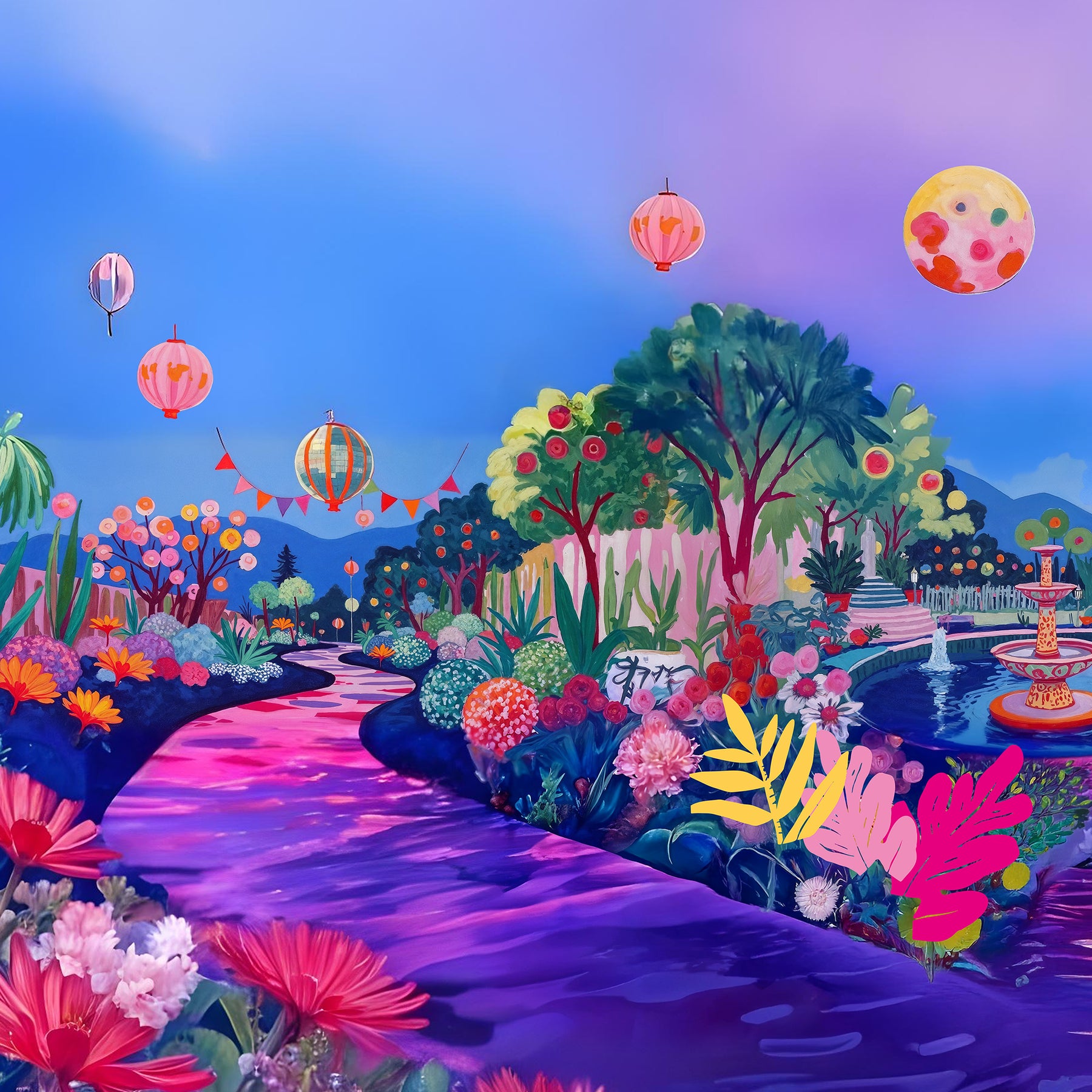 Jardin aux fleurs colorées et rivière rose-violet, lanternes et ambiance féerique évoquant l'univers noël de la collection Minuit chéri. 