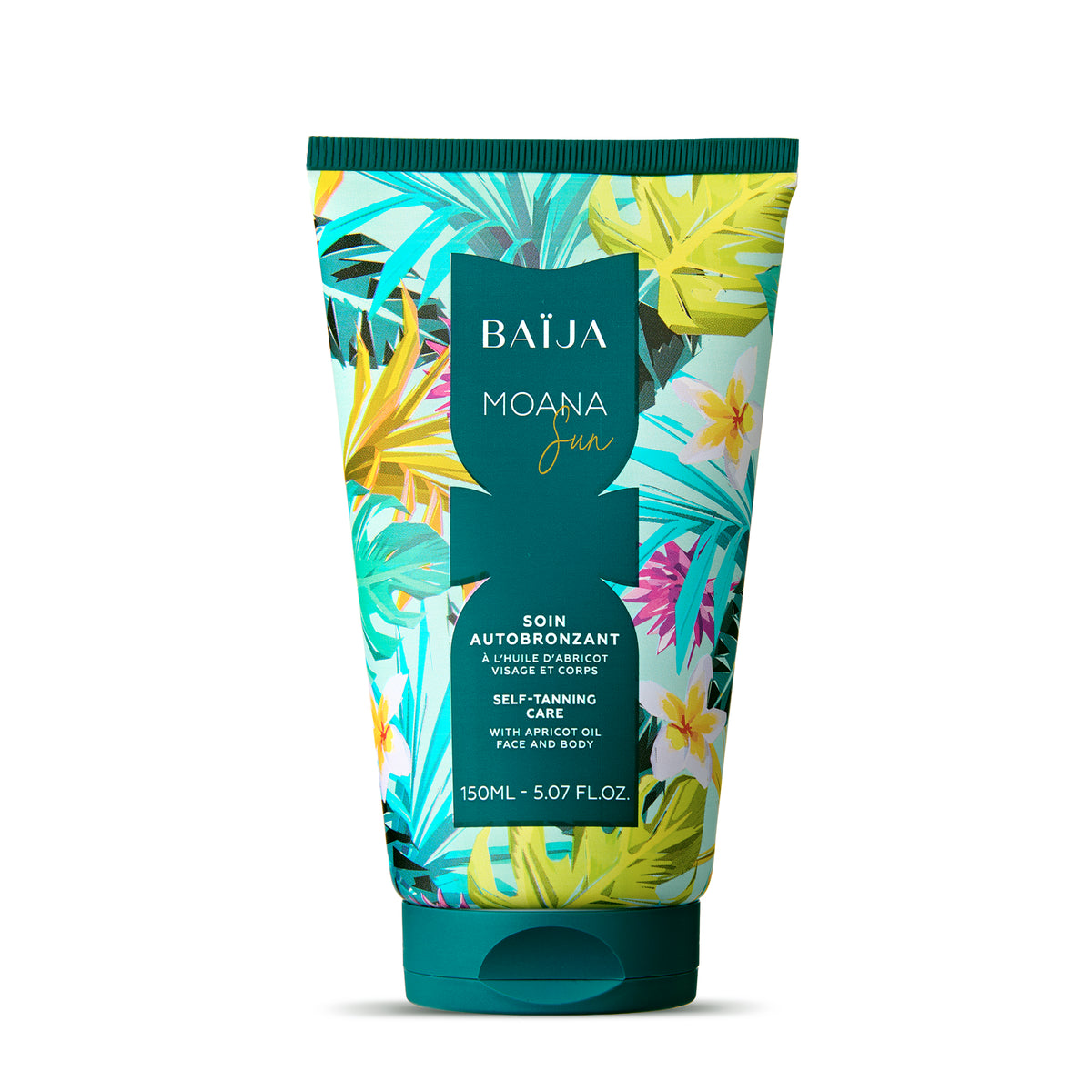 Soin autobronzant visage et corps Baïja, tube illustré de motifs tropicaux sur fond blanc, formule à l’huile d’abricot