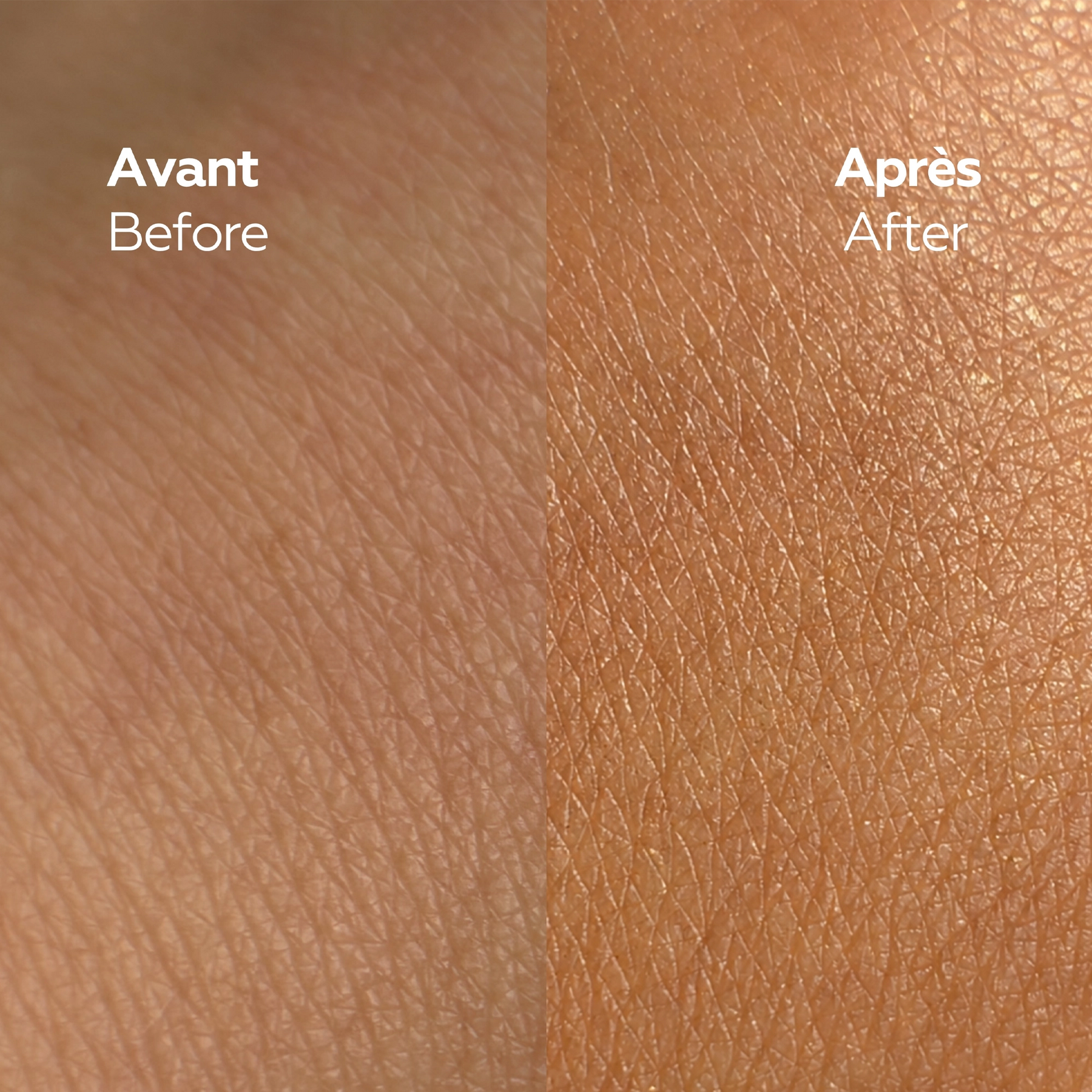 Zoom sur la peau avant et après utilisation d’un soin autobronzant, révélant un hâle naturel, uniforme et une peau éclatante.