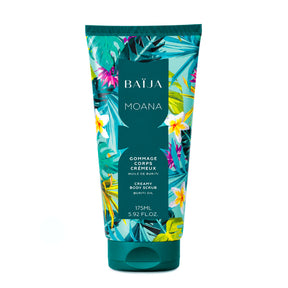 Gommage corps crémeux Baïja Moana 175 ml à l’huile de buriti, tube au décor tropical sur fond blanc pour exfolier et nourrir la peau.