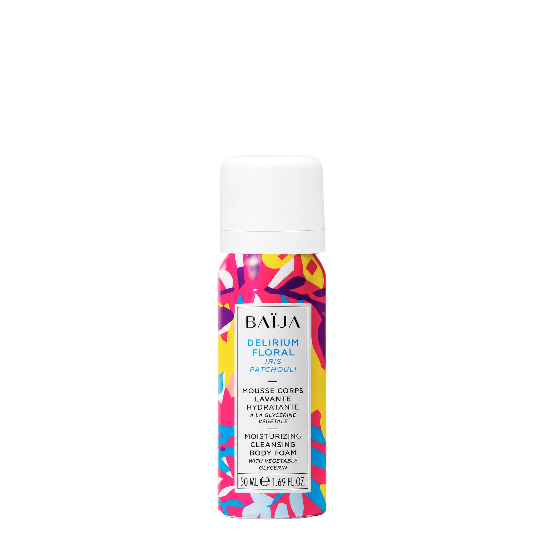 Packshot de la mousse corps lavante hydratante Baïja Delirium Floral 50 ml à la glycérine végétale, parfum iris et patchouli, présenté sur fond blanc.