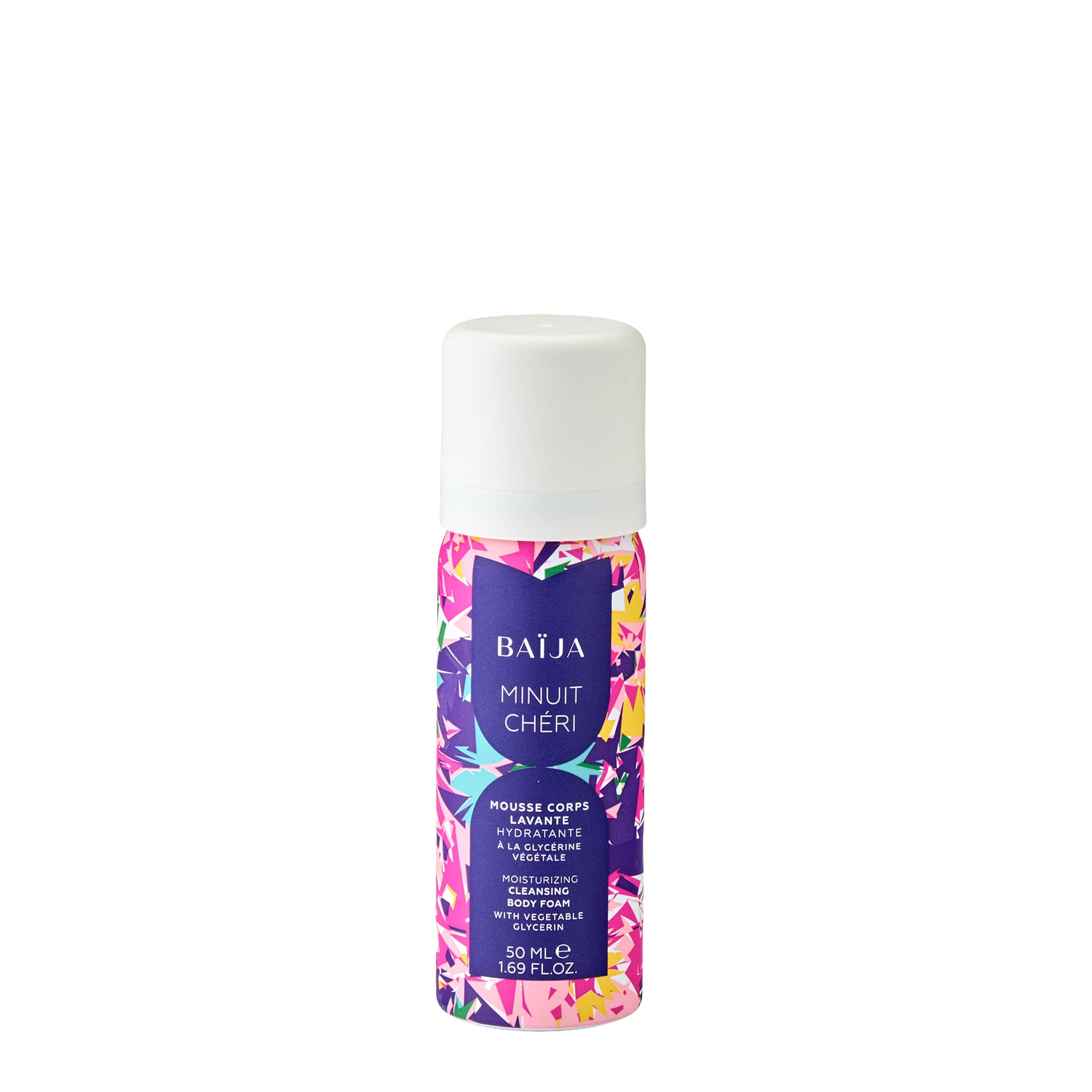 Mousse corps lavante hydratante Baïja Minuit Chéri 50 ml à la glycérine végétale, flacon coloré sur fond blanc, pour une peau nettoyée en douceur.