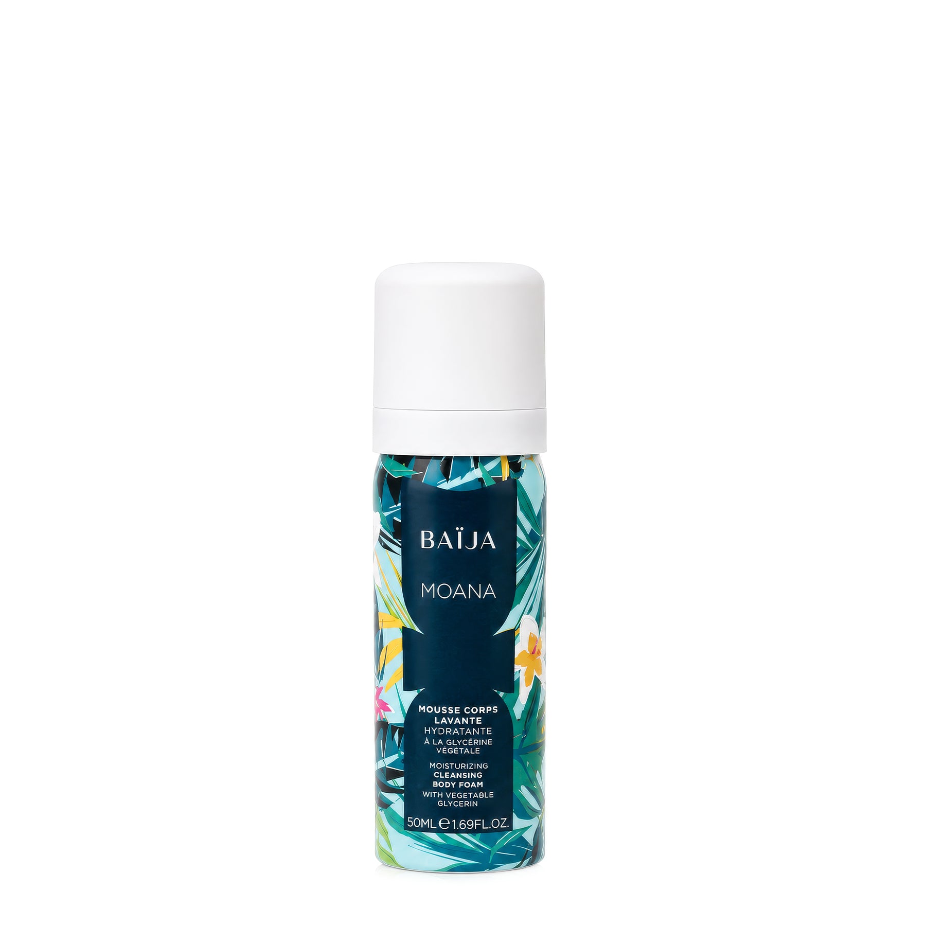 Mousse corps lavante hydratante Baïja Moana 50 ml à la glycérine végétale, flacon au décor tropical sur fond blanc, pour nettoyer la peau en douceur.