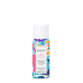 Packshot de la mousse de douche Baïja Île d’Azur 50 ml à la glycérine végétale, parfum vanille et frangipanier, présenté sur fond blanc.